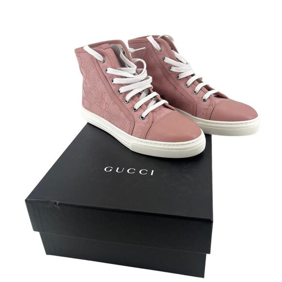GUCCI GG Miro High Top Sneakers Soft Pink Monogram Lace Up Fabric EU 38 US 8 NEW - Picture 4 of 9